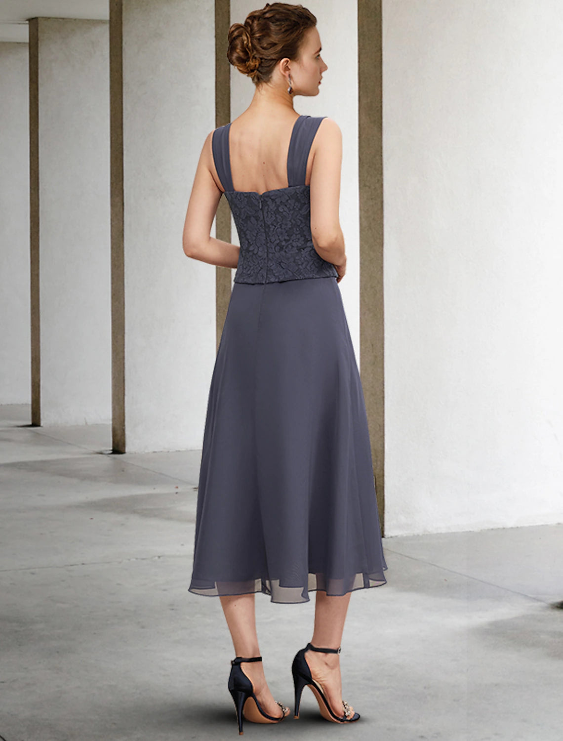 wholesale  A-Line 3 Piece Mother of the Bride Dress Plus Size Elegant Square Neck Tea Length Chiffon Lace Sleeveless Wrap Included Jacket Dresses with Crystals Ruffles