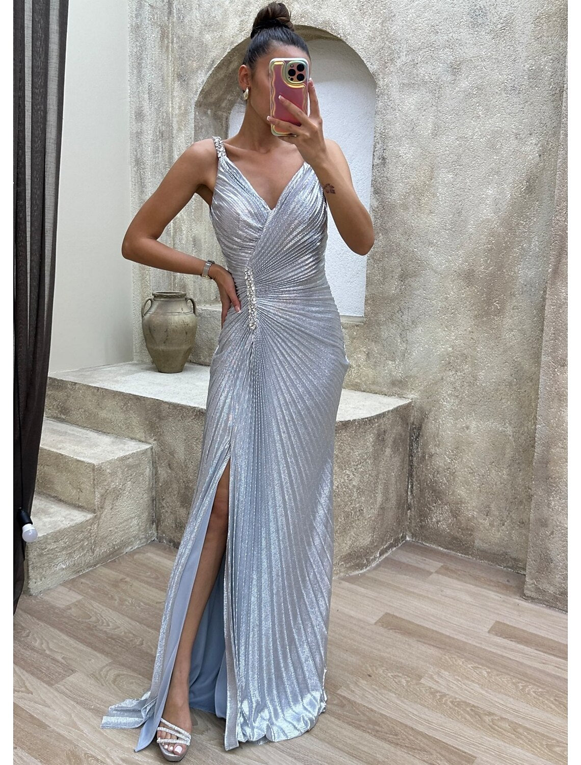 Wholesa  Mermaid / Trumpet Prom Dresses Sparkle Dress Formal Evening Party Sweep / Brush Train Sleeveless V Neck Spandex with Rhinestone Pleats Slit