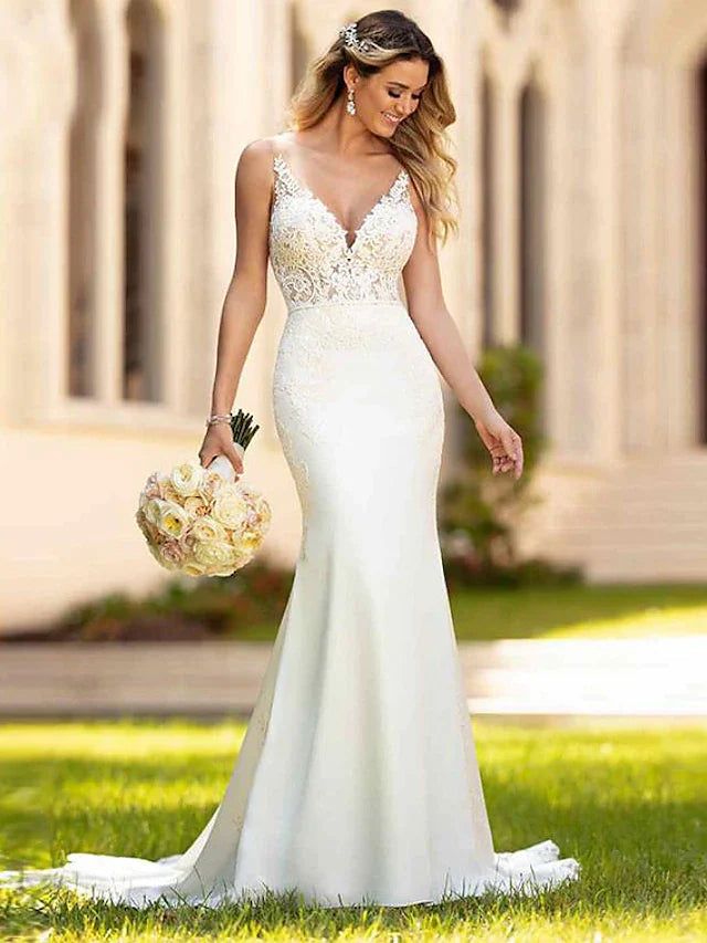 Wholesa Engagement Open Back Sexy Formal Wedding Dresses Court Train Mermaid / Trumpet Sleeveless V Neck Crepe With Appliques