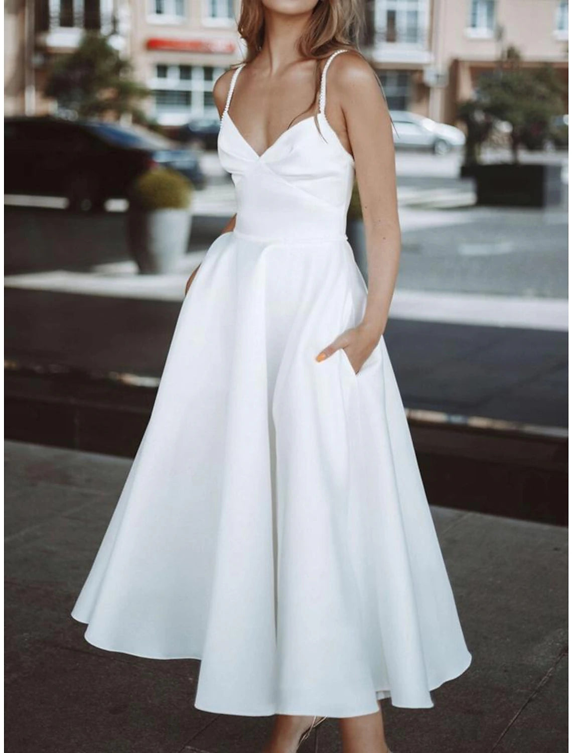 Wholesa Reception Simple Wedding Dresses Wedding Dresses A-Line V Neck Long Sleeve Tea Length Chiffon Bridal Gowns With Pleats