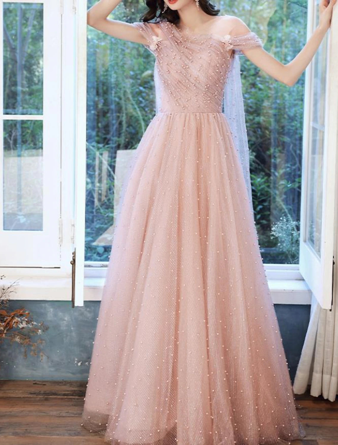 Wholesa A-Line Prom Dresses Elegant Dress Wedding Guest Engagement Floor Length Sleeveless Illusion Neck Tulle with Pleats Beading