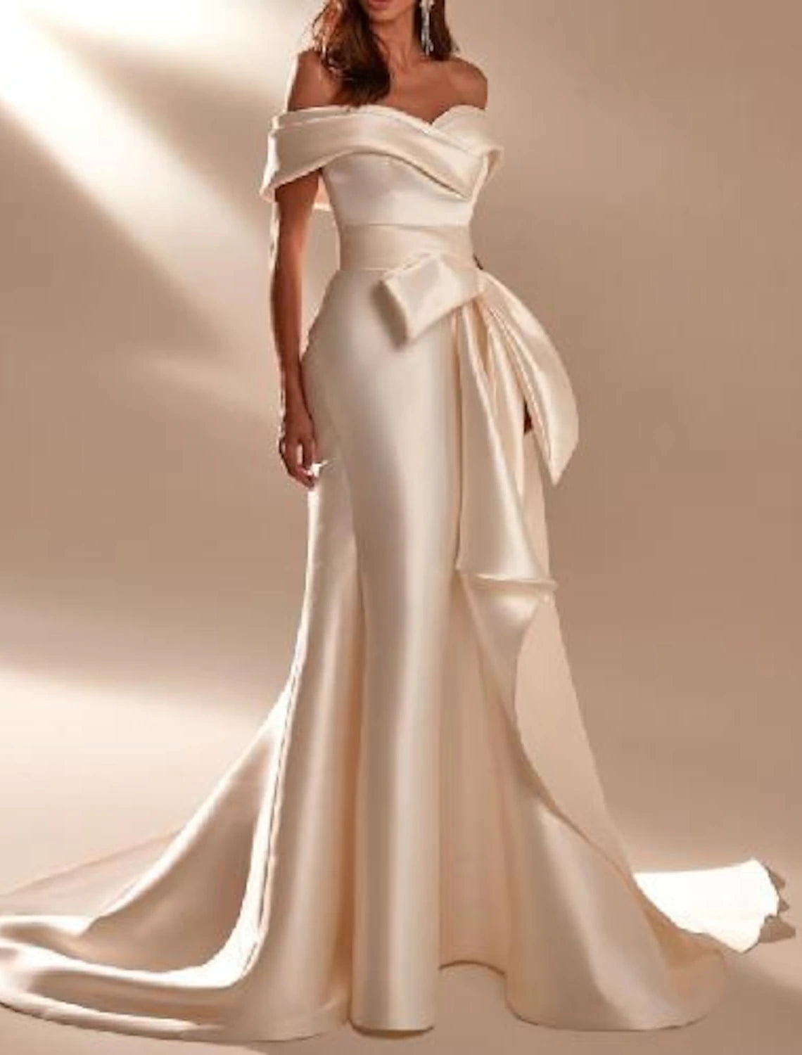 Wholesa Engagement Formal Wedding Dresses Mermaid / Trumpet Off Shoulder Cap Sleeve Court Train Satin Bridal Gowns With Bow(s)