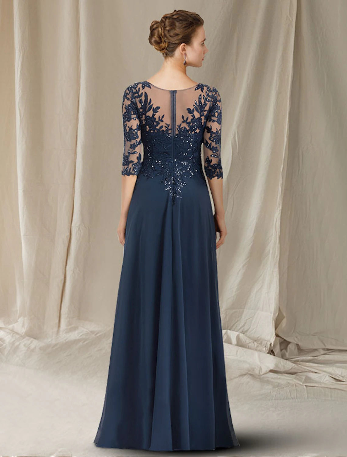 wholesale  A-Line Mother of the Bride Dress Elegant V Neck Floor Length Chiffon Lace Sequined Half Sleeve with Sequin Appliques