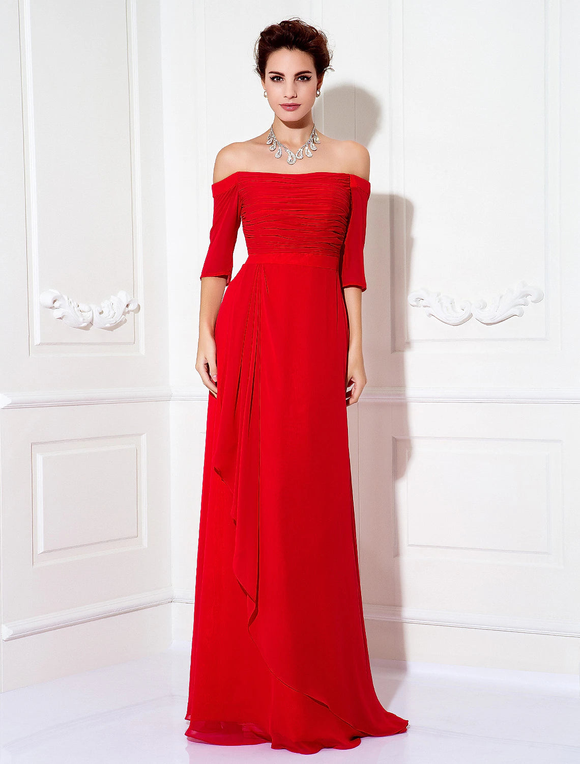 wholesa Sheath / Column Minimalist Dress Wedding Guest Formal Evening Sweep / Brush Train Half Sleeve Off Shoulder Bridesmaid Dress Chiffon with Ruched Draping