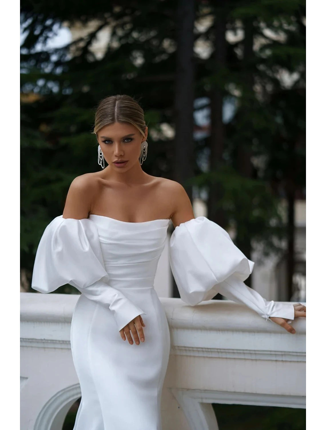 wholesale   Hall Casual Wedding Dresses Mermaid / Trumpet Off Shoulder Long Sleeve Court Train Satin Bridal Gowns With Ruched Solid Color
