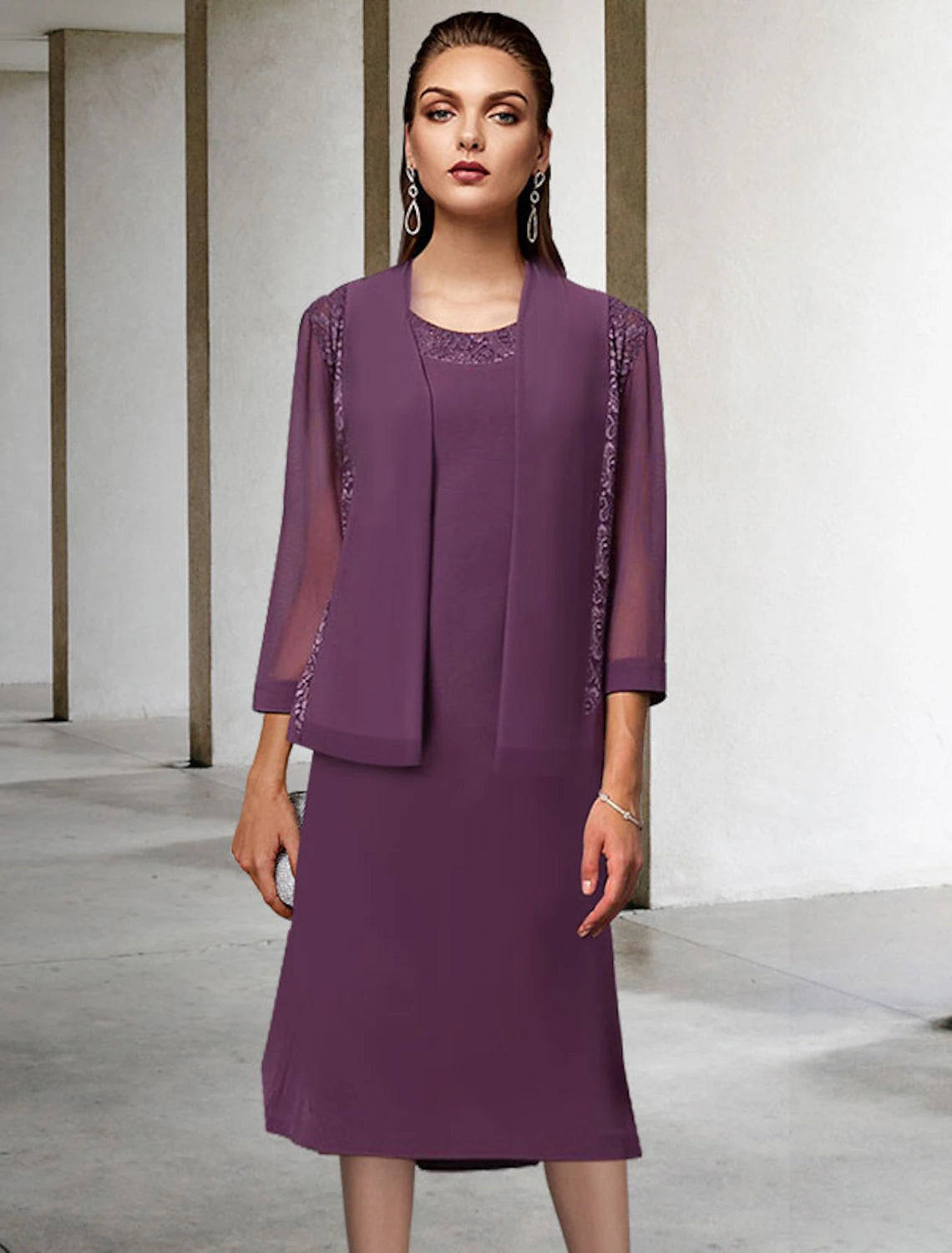 wholesale  Two Piece A-Line Mother of the Bride Dress Elegant Jewel Neck Tea Length Chiffon Lace Sleeveless Wrap Included with Solid Color