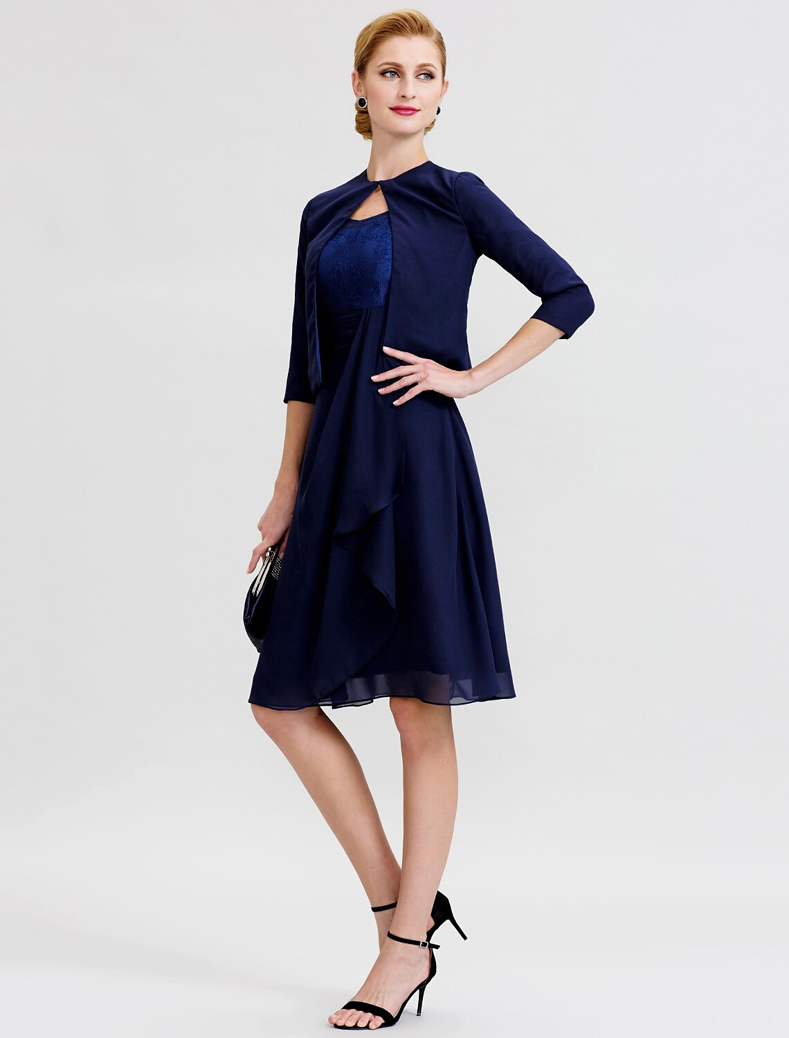 wholesale  A-Line / Two Piece Jewel Neck Knee Length Chiffon / Corded Lace Mother of the Bride Dress with Sash