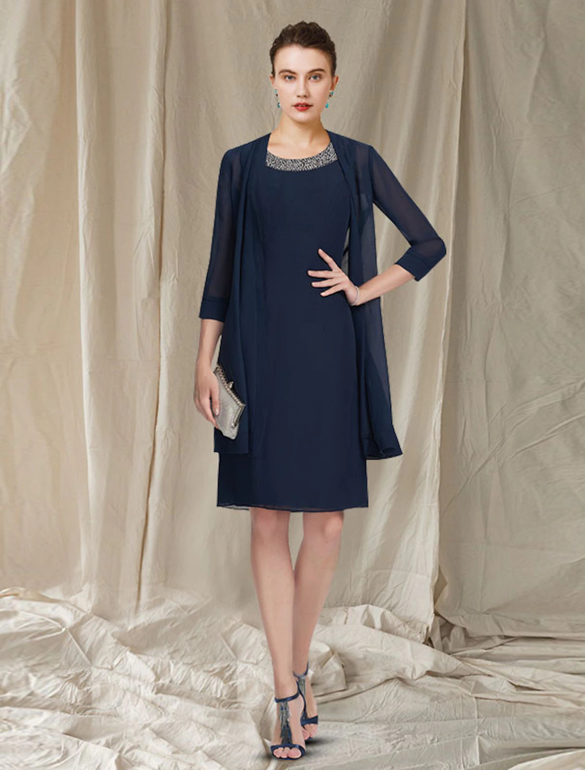 wholesale  Two Piece Sheath / Column Mother of the Bride Dress Elegant Jewel Neck Knee Length Chiffon Sleeveless Jacket Dresses with Beading Sequin