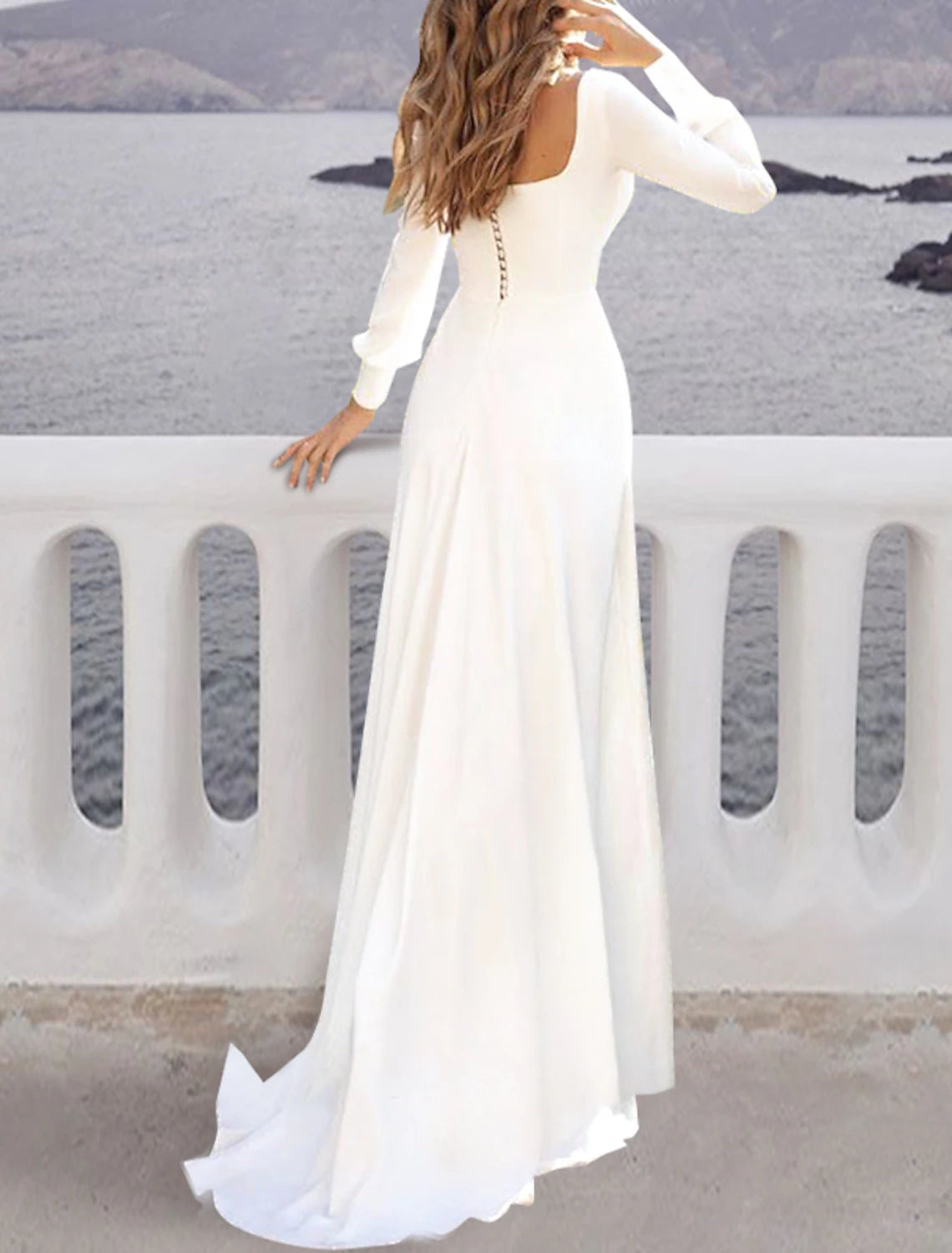 Wholesa Beach Simple Wedding Dresses A-Line Square Neck Long Sleeve Sweep / Brush Train Chiffon Bridal Gowns With Solid Color