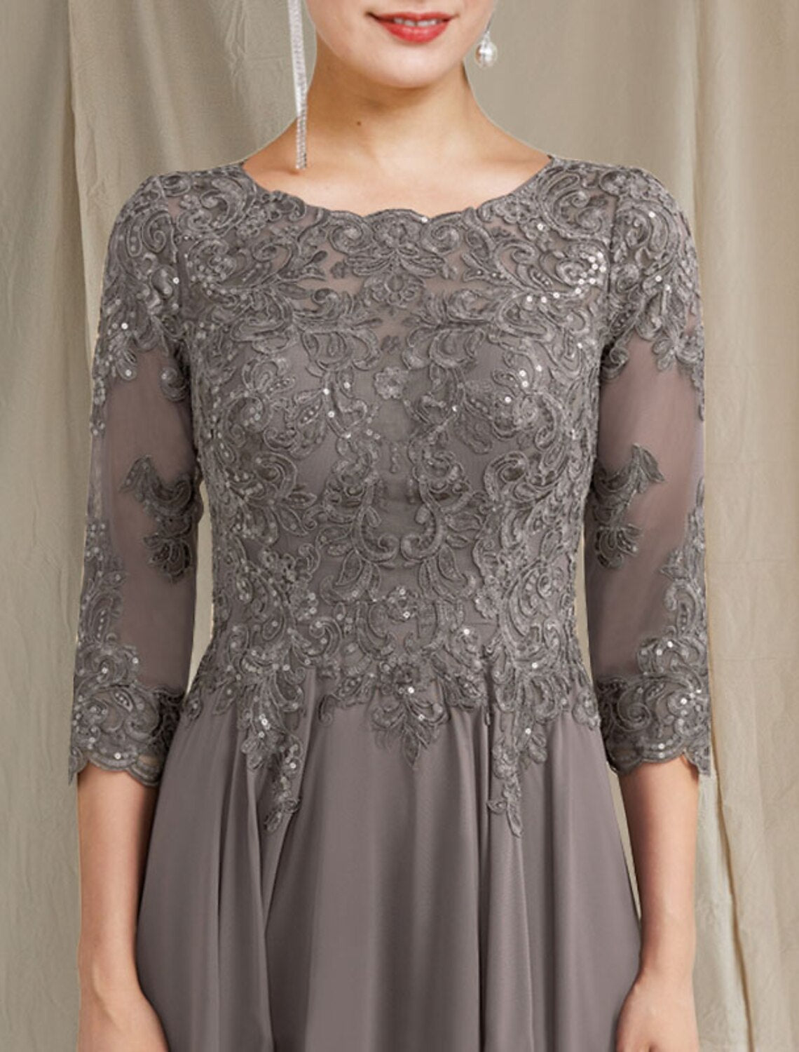 wholesale  Sheath / Column Mother of the Bride Dress Plus Size Elegant Jewel Neck Floor Length Chiffon Lace 3/4 Length Sleeve with Pleats Appliques