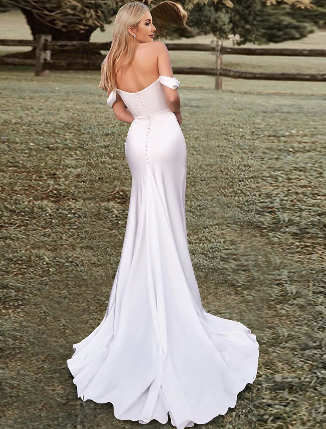 Wholesa  Boho Wedding Dresses Mermaid Off Shoulder Sleeveless Sweep Train Stretch Fabric Bridal Gowns with Split Ruched