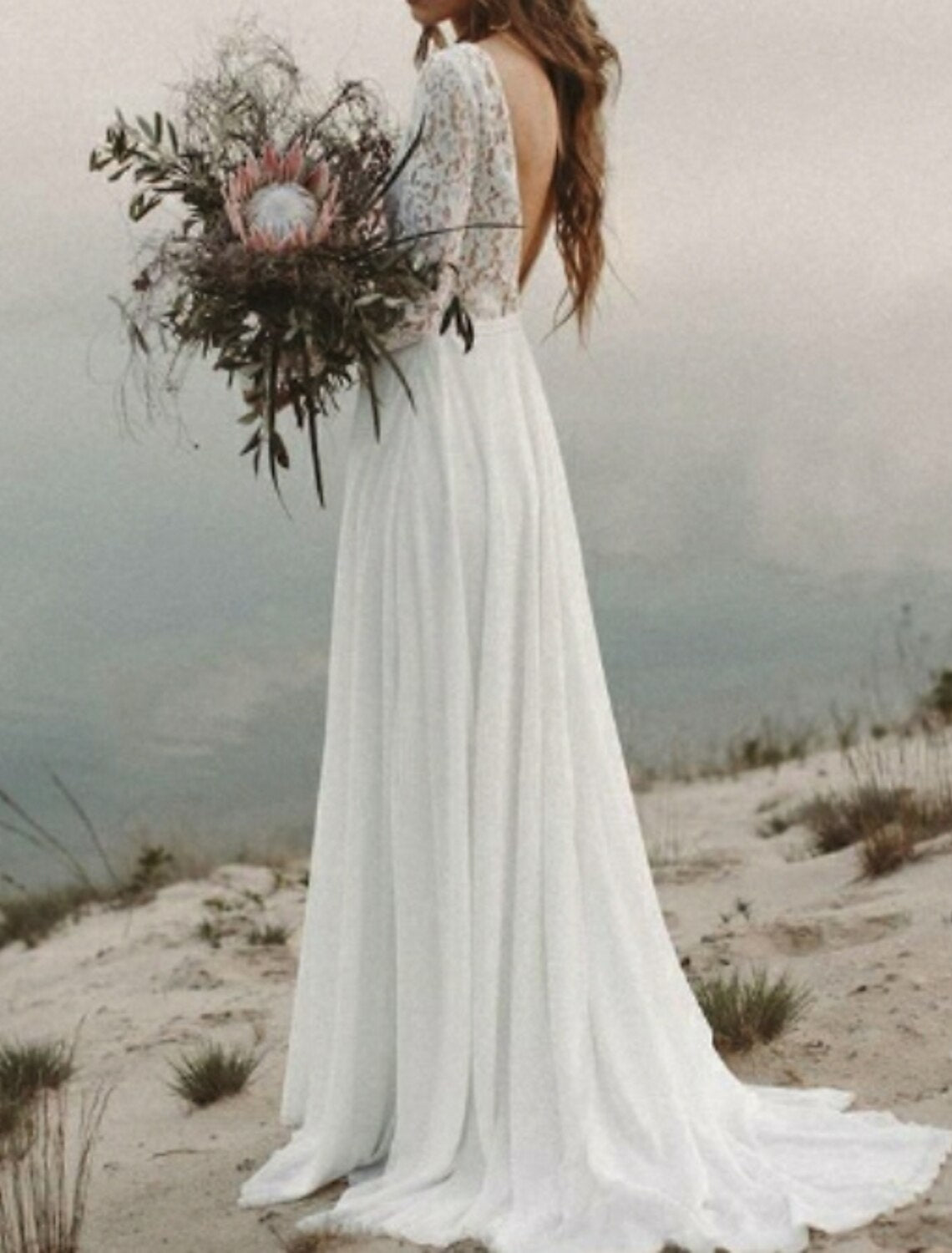 wholesale  Beach Boho Wedding Dresses A-Line V Neck Long Sleeve Sweep / Brush Train Chiffon Bridal Gowns