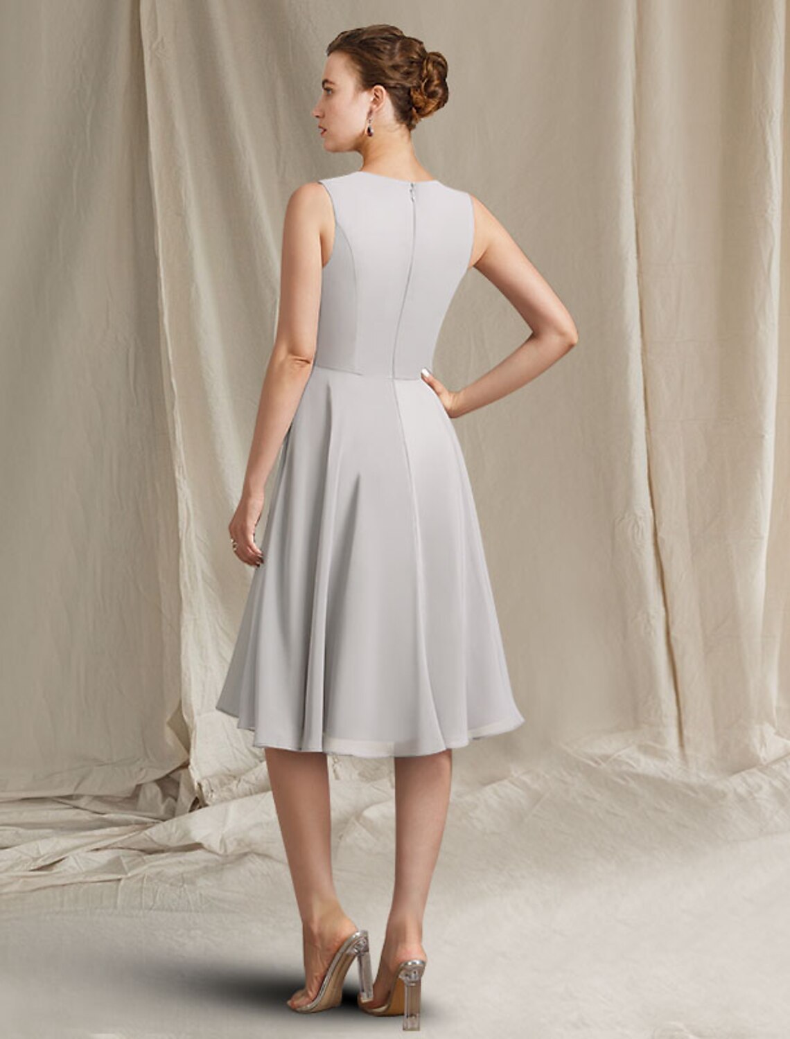 wholesale  Two Piece A-Line Mother of the Bride Dress Church Elegant Jewel Neck Knee Length Chiffon Lace Sleeveless Wrap Included with Pleats Appliques