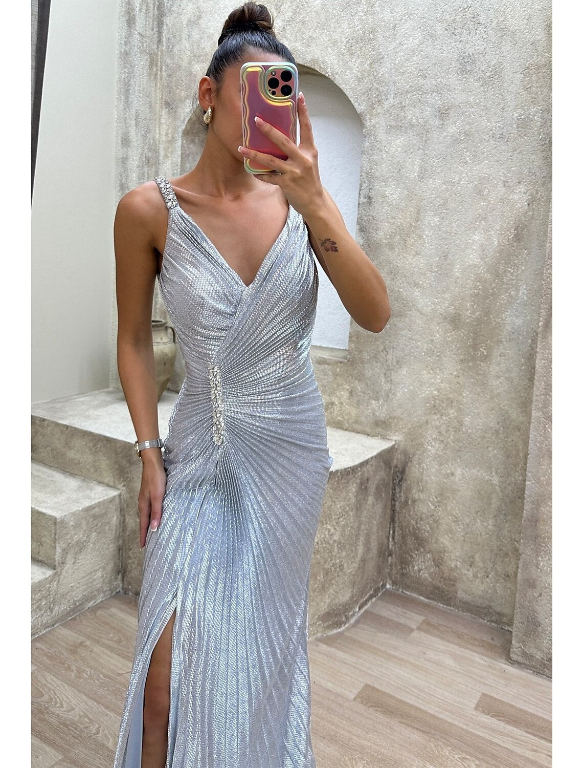 Wholesa  Mermaid / Trumpet Prom Dresses Sparkle Dress Formal Evening Party Sweep / Brush Train Sleeveless V Neck Spandex with Rhinestone Pleats Slit