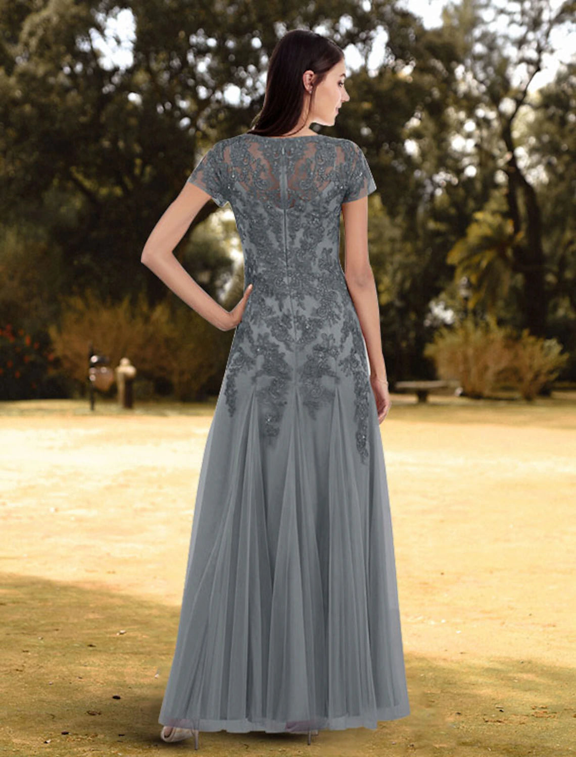 Wholesa A-Line Evening Gown Floral Dress Wedding Guest Formal Evening Floor Length Short Sleeve Jewel Neck Lace with Pleats Pure Color