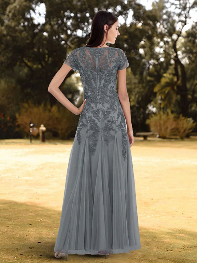 Wholesa A-Line Evening Gown Elegant Dress Wedding Guest Floor Length Short Sleeve Jewel Neck Lace with Pleats Pure Color