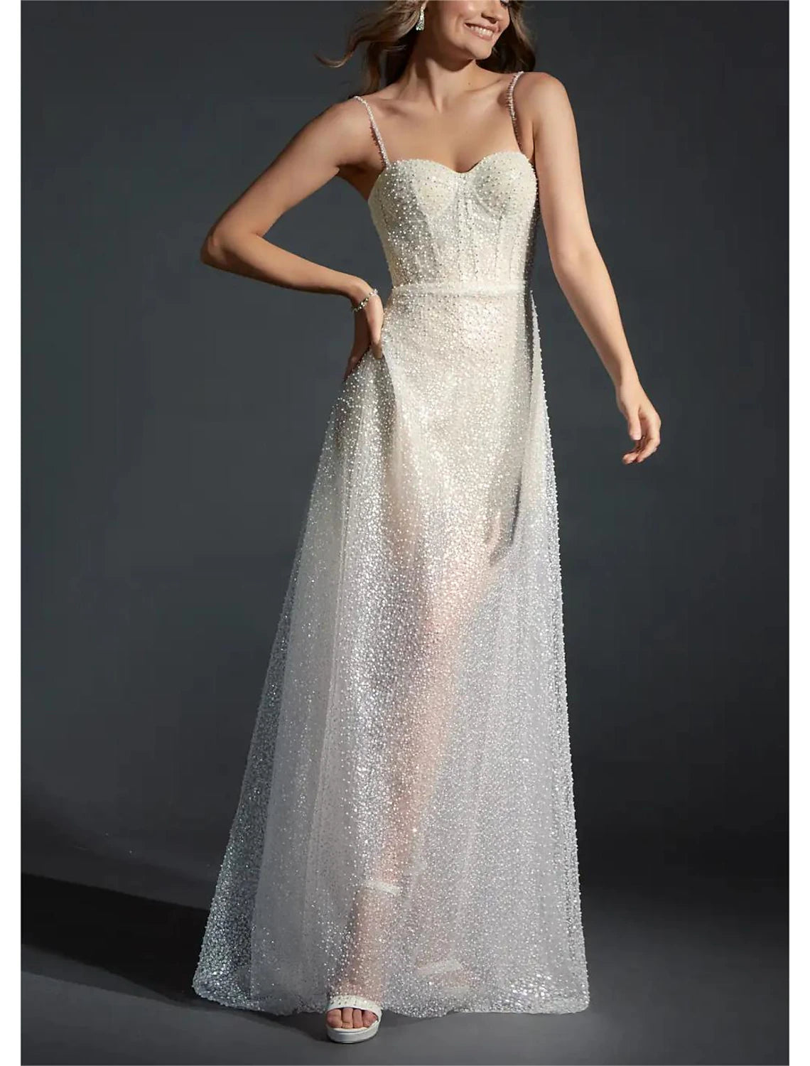 Wholesa Beach Boho Wedding Dresses Sheath / Column Camisole Sleeveless Sweep / Brush Train Sequined Bridal Gowns With Pearls Beading