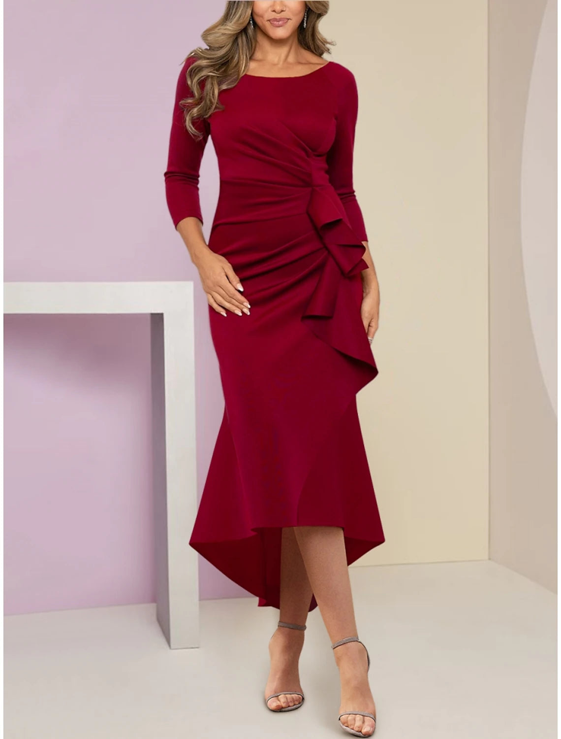 Wholesa  Mermaid / Trumpet Mother of the Bride Dress Wedding Guest Elegant Petite Scoop Neck Asymmetrical Stretch Fabric Long Sleeve with Ruffles Ruching
