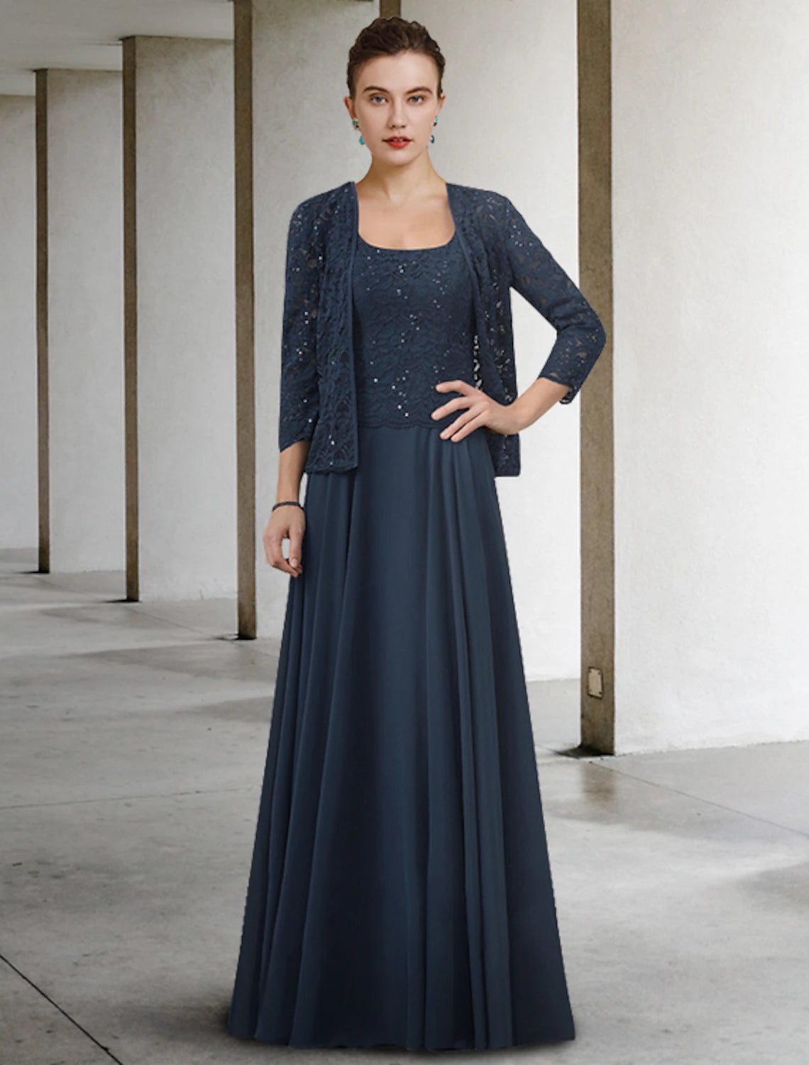 wholesale  Two Piece A-Line Mother of the Bride Dress Elegant Jewel Neck Floor Length Chiffon Lace Half Sleeve with Pleat