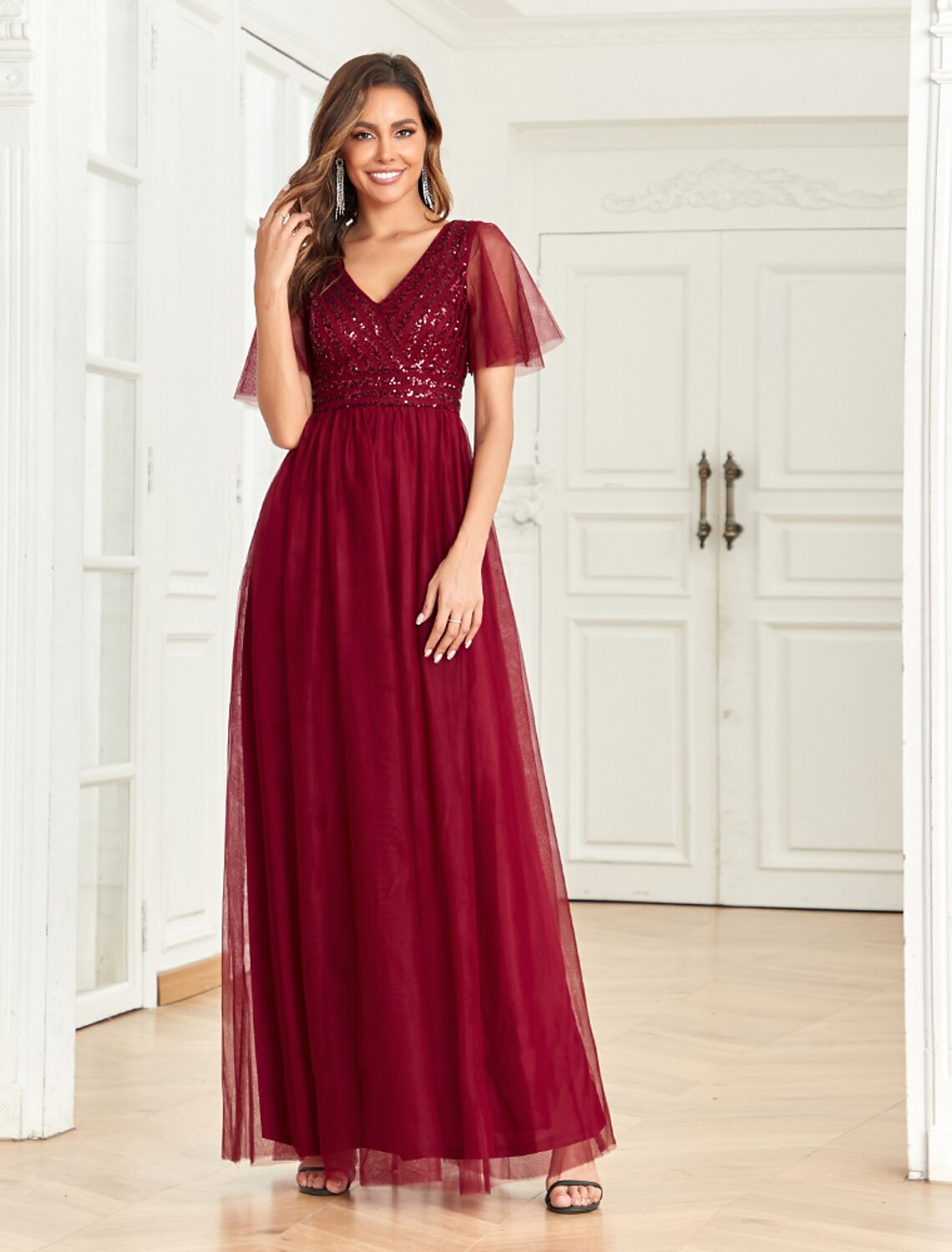 Wholesa A-Line Party Dresses Empire Dress Party Wear Wedding Party Floor Length Short Sleeve V Neck Tulle V Back with Glitter Sequin