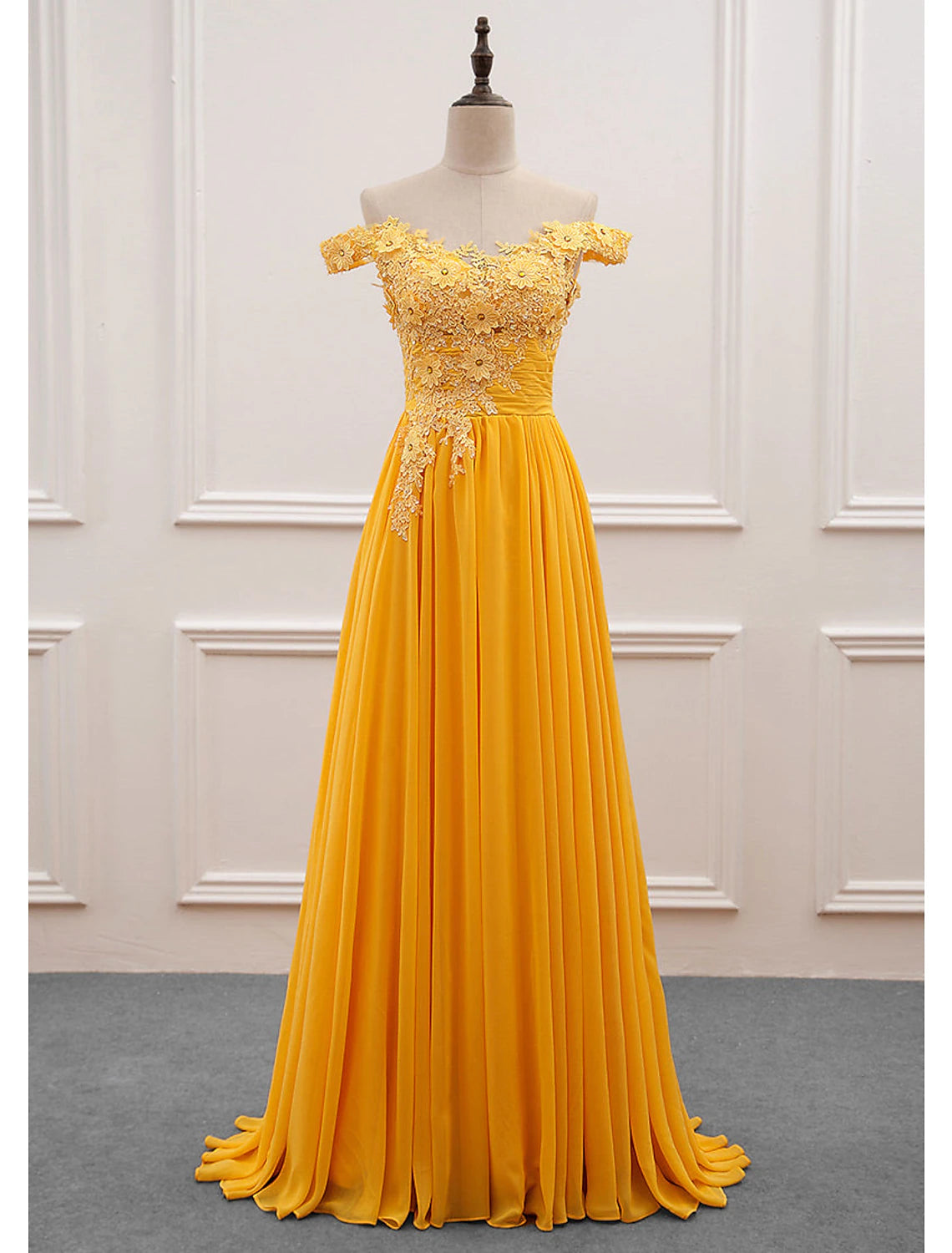 wholesale  A-Line Wedding Guest Dresses Floral Dress Prom Wedding Party Sweep / Brush Train Sleeveless Off Shoulder Chiffon with Appliques