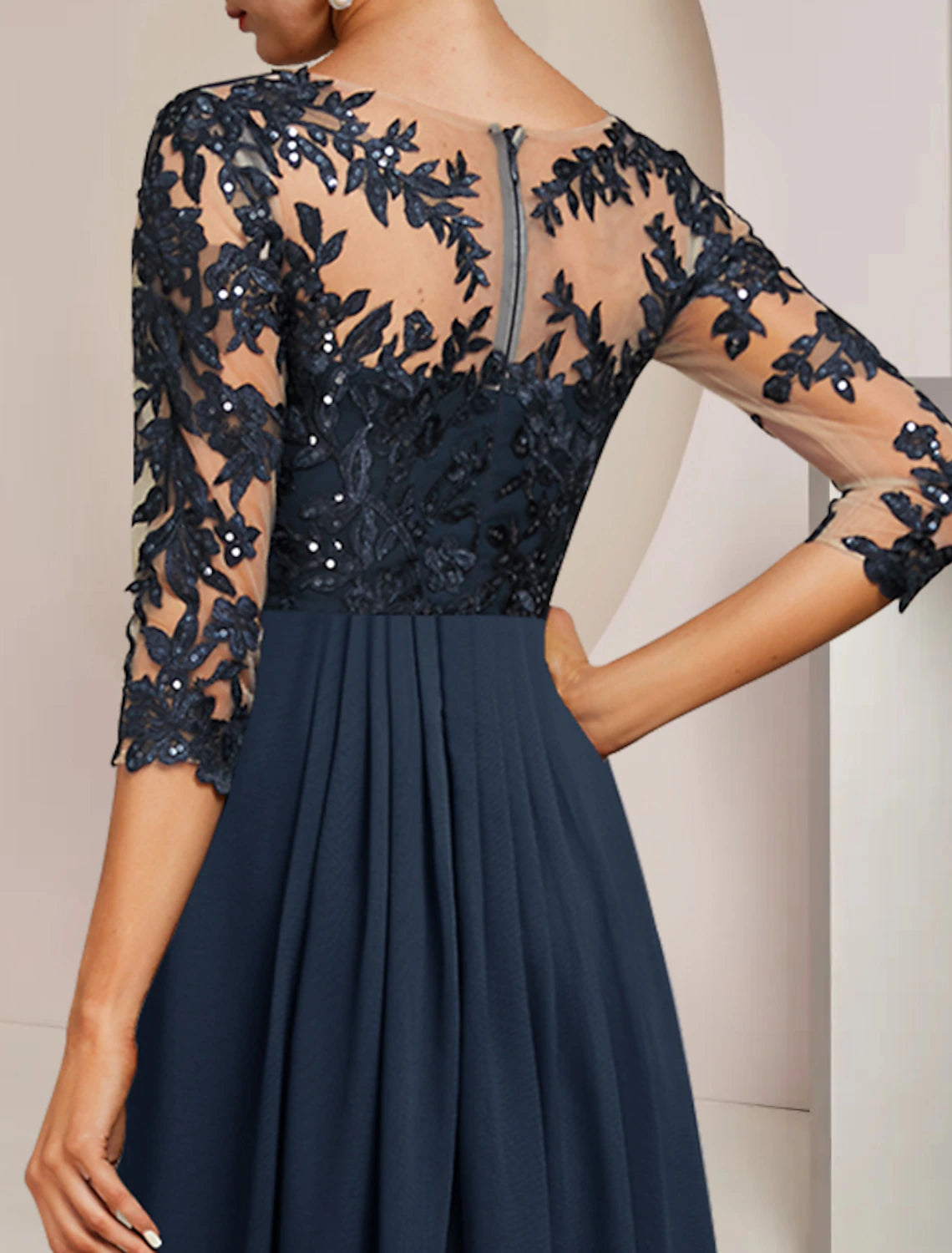 wholesale   A-Line Mother of the Bride Dress Wedding Guest Elegant High Low V Neck Ankle Length Chiffon Lace 3/4 Length Sleeve with Sequin Appliques