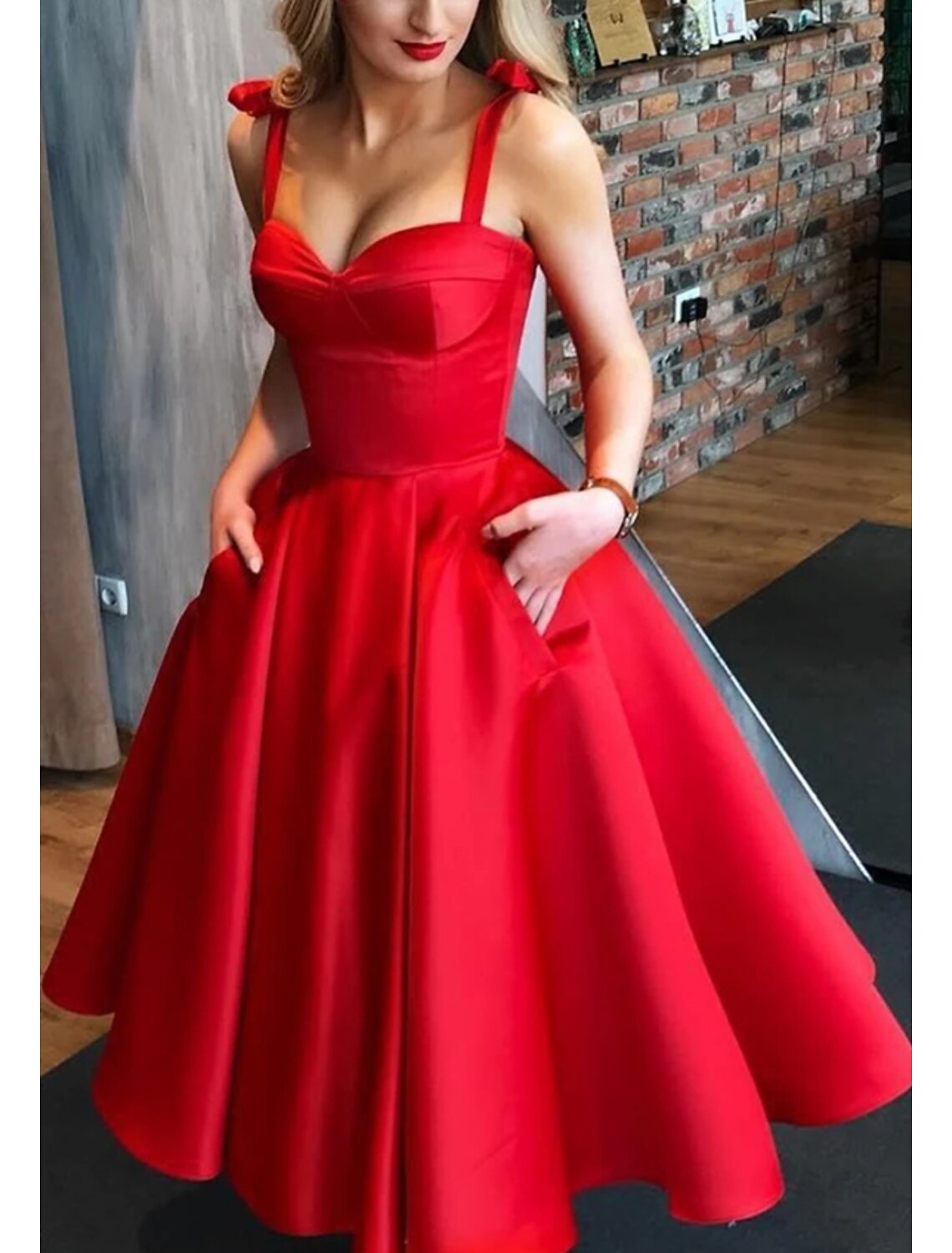 Wholesa  Ball Gown Cocktail Black Dress Plus Size Vintage Dress Party Wear Prom Tea Length Sleeveless Spaghetti Strap Wednesday Addams Family Satin with Pleats