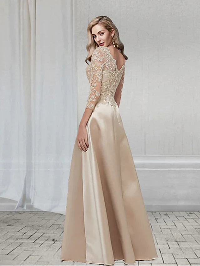 Wholesa A-Line Elegant Wedding Guest Formal Evening Dress V Neck 3/4 Length Sleeve Floor Length Chiffon with Appliques