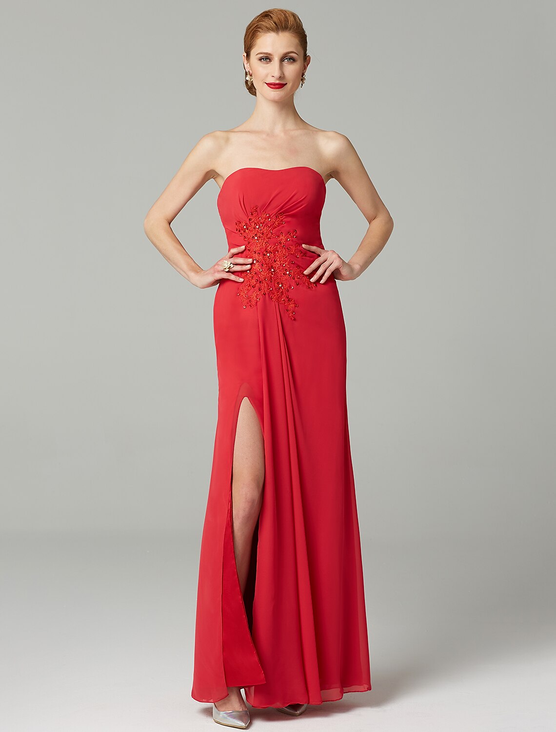 wholesale  Sheath / Column Mother of the Bride Dress Strapless Floor Length Chiffon Beaded Lace Sleeveless yes with Pleats Beading Split Front