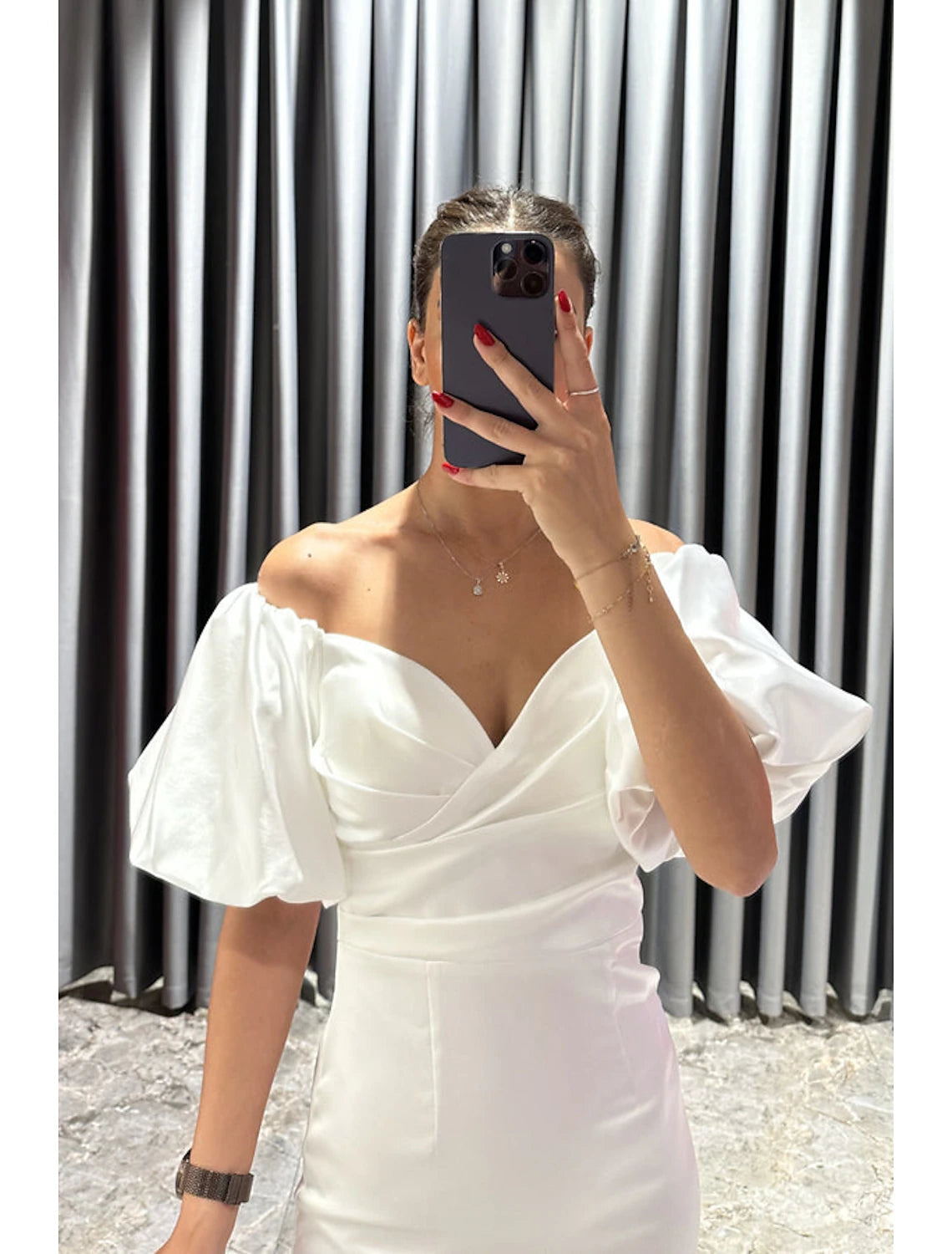 wholesale  Sheath / Column Cocktail Dresses Party Dress Formal Fall Tea Length Short Sleeve Off Shoulder Satin with Ruched Slit