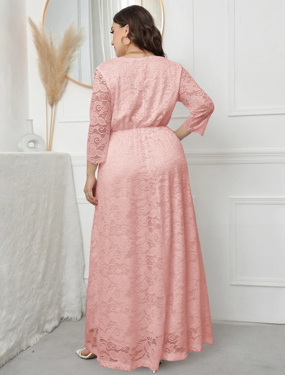 wholesale  A-Line Evening Gown Vintage Dress Party Wear Formal Evening Floor Length 3/4 Length Sleeve V Neck Lace with Sleek Lace Insert