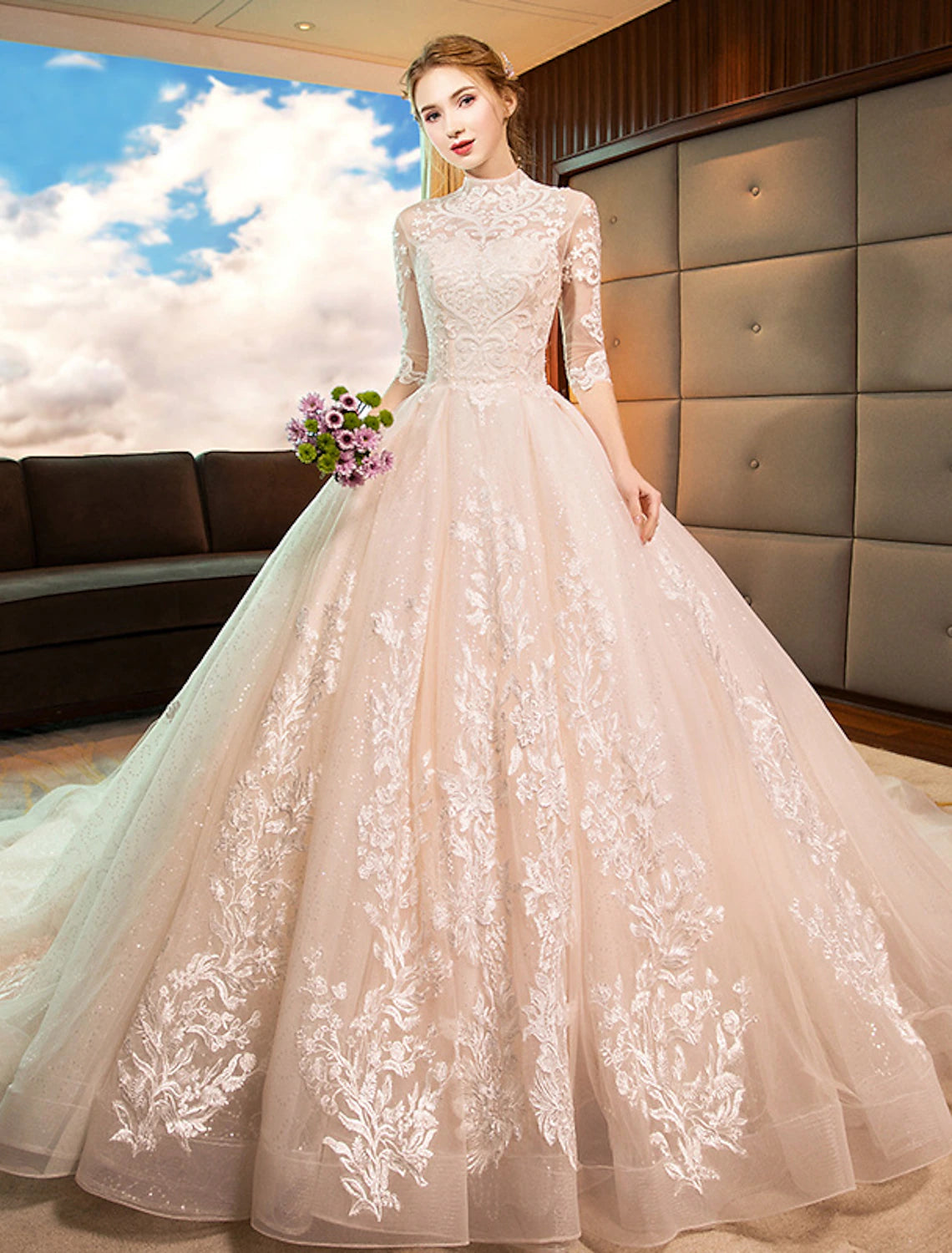 wholesale  Engagement Sparkle & Shine Formal Fall Wedding Dresses Ball Gown High Neck Long Sleeve Cathedral Train Lace Bridal Gowns With Sequin Appliques
