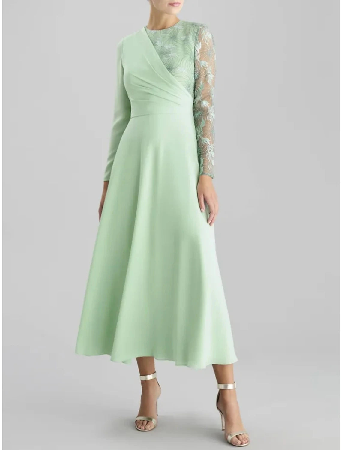 Wholesa A-Line Mother of the Bride Dress Wedding Guest Elegant Party Jewel Neck Tea Length Satin Lace Long Sleeve with Ruching Solid Color