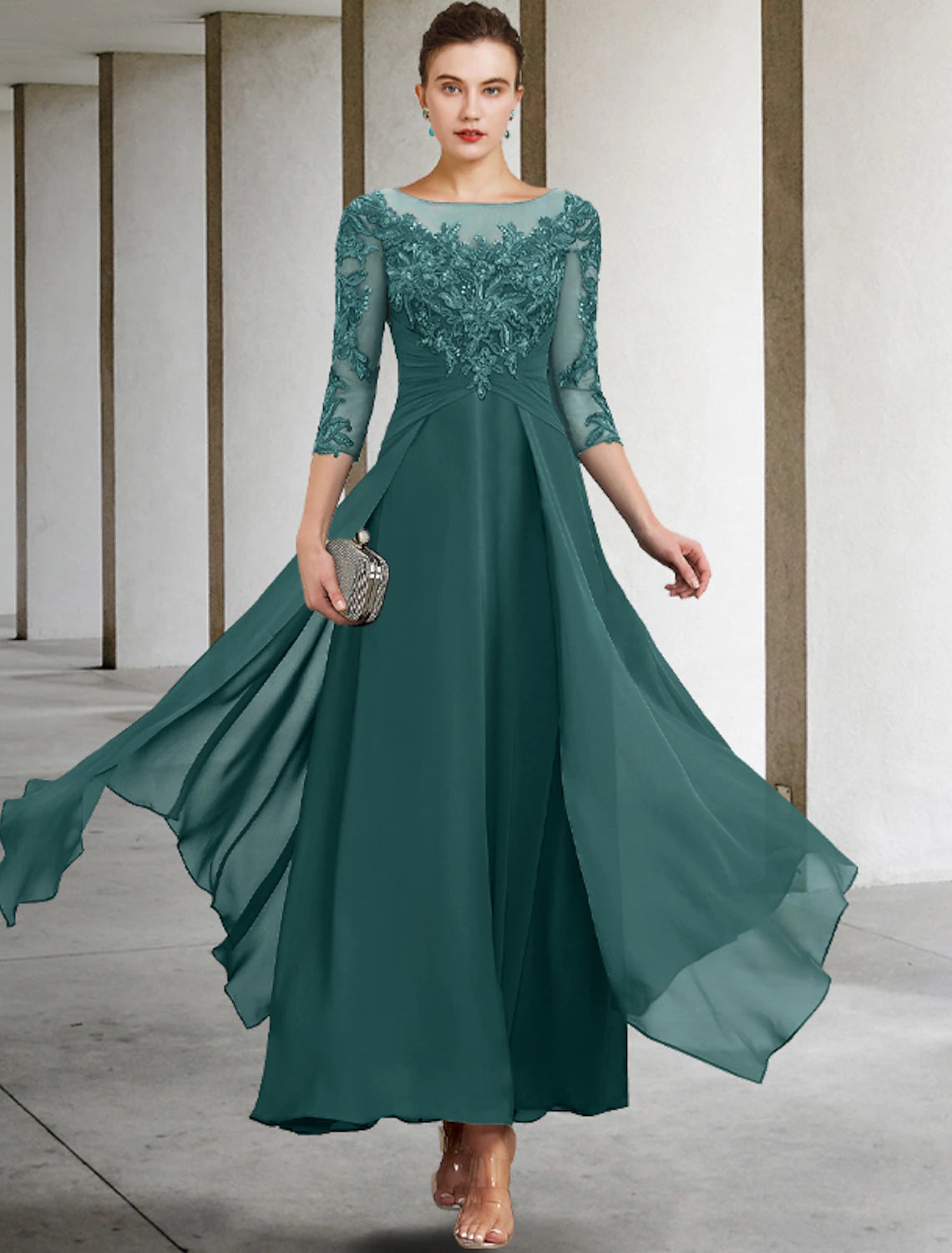 wholesale  A-Line Mother of the Bride Dress Appliques Fall Wedding Guest Plus Size Elegant Scoop Neck Ankle Length Chiffon Lace Sequin 3/4 Length Sleeve with Ruched