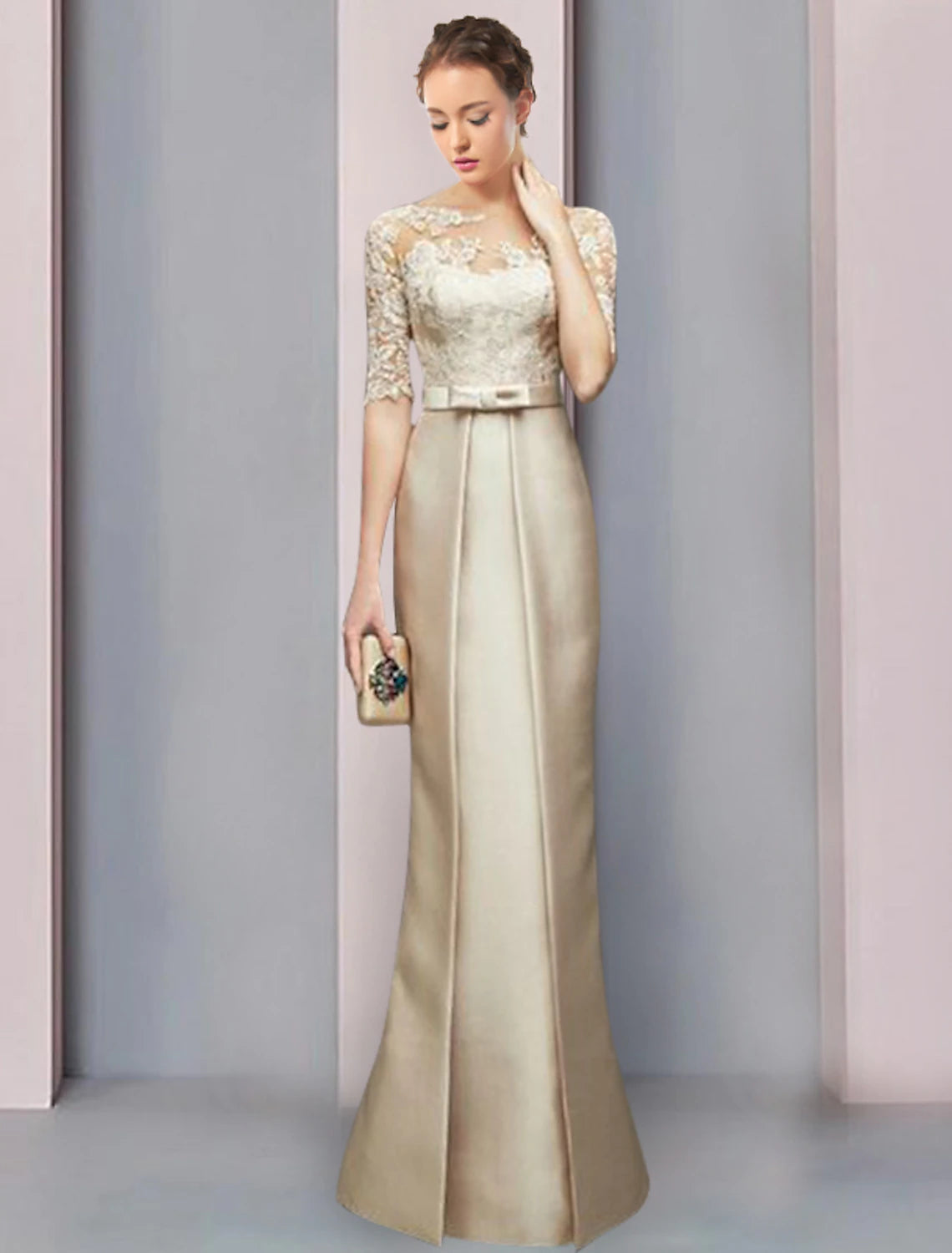 wholesale  Sheath / Column Mother of the Bride Dress Wedding Guest Party Elegant Jewel Neck Floor Length Satin Lace Half Sleeve with Bow(s) Ruching