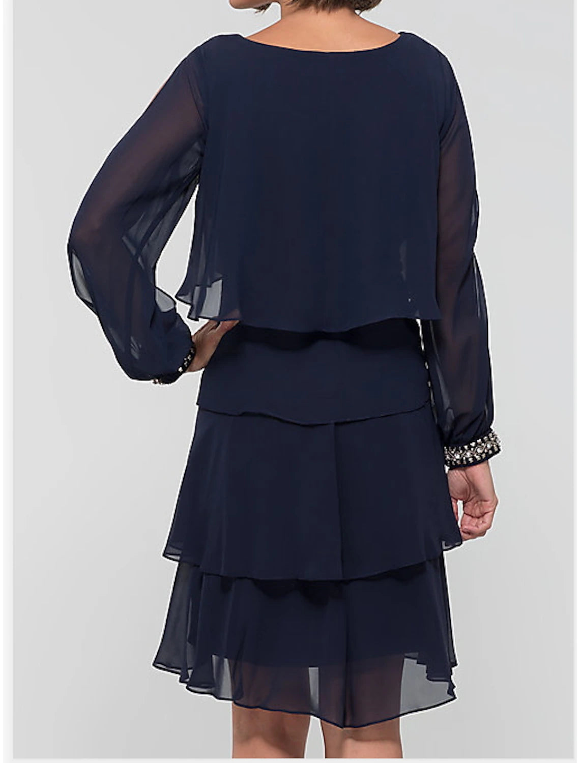 Wholesa A-Line Cocktail Dresses Black Dress Holiday Cocktail Party Short / Mini Long Sleeve Jewel Neck Fall Wedding Guest Chiffon with Beading Cascading Ruffles