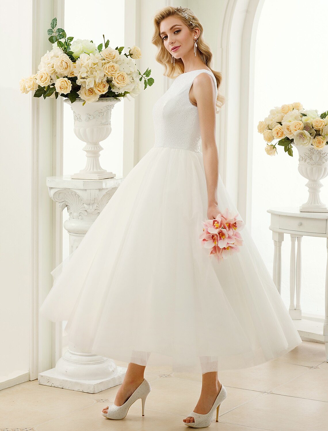 wholesale  Reception Sparkle & Shine Little White Dresses Wedding Dresses A-Line Scoop Neck Sleeveless Tea Length Tulle Bridal Gowns With Lace Sequin