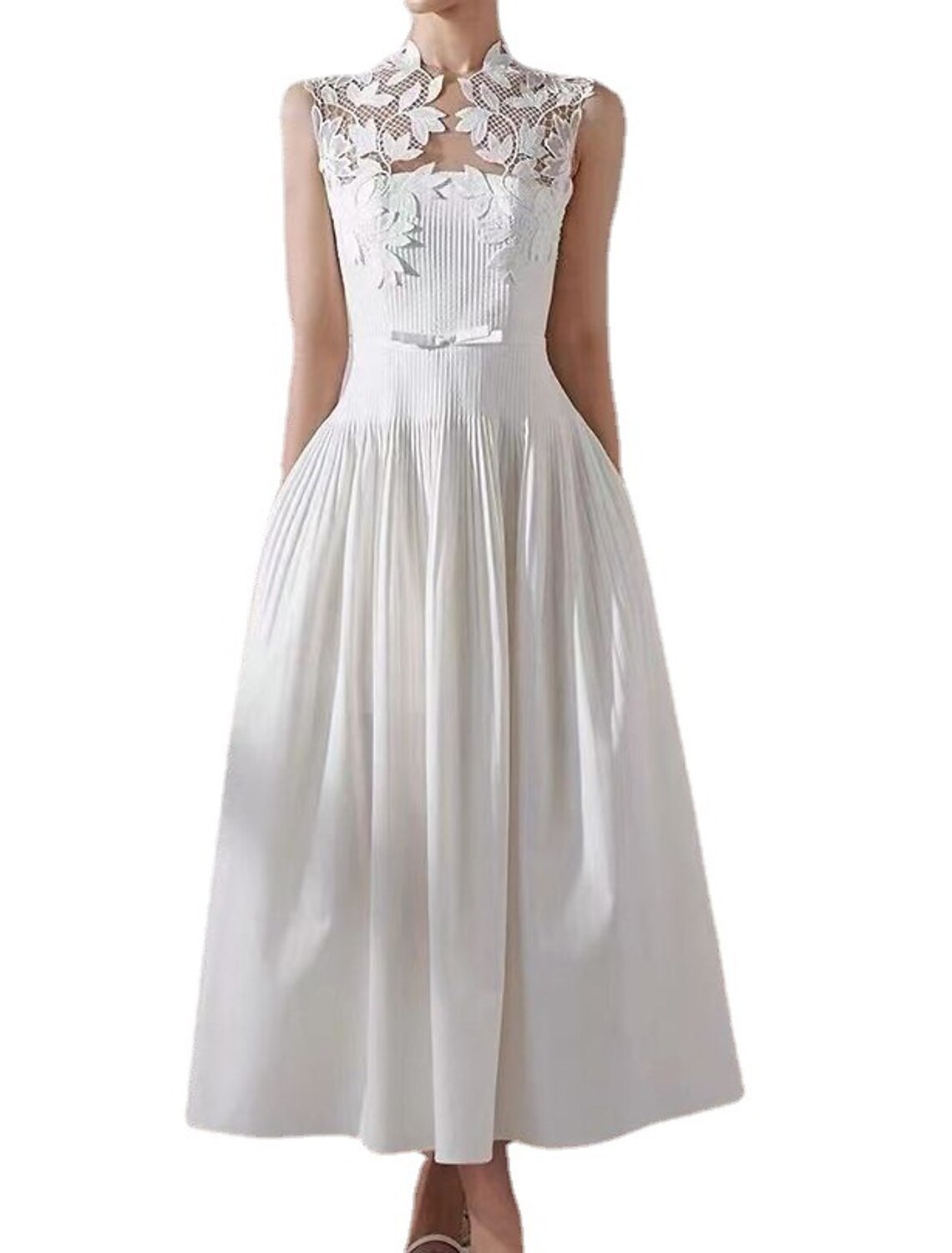Wholesa Reception Little White Dresses Wedding Dresses A-Line Illusion Neck Sleeveless Tea Length Lace Bridal Gowns With Appliques Solid Color