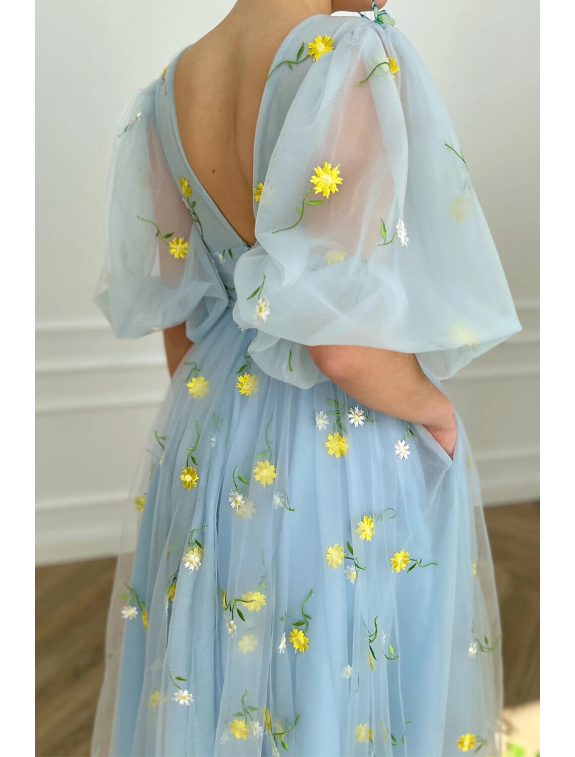 Wholesa A-Line Cocktail Dresses Floral Dress Wedding Guest Summer Ankle Length Half Sleeve V Neck Lace Backless with Pleats