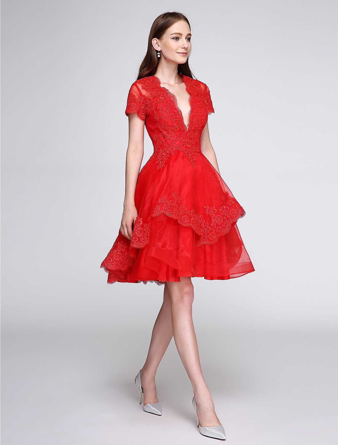 wholesa Ball Gown Cute Dress Cocktail Party Prom Knee Length Short Sleeve Plunging Neck Organza with Buttons Appliques