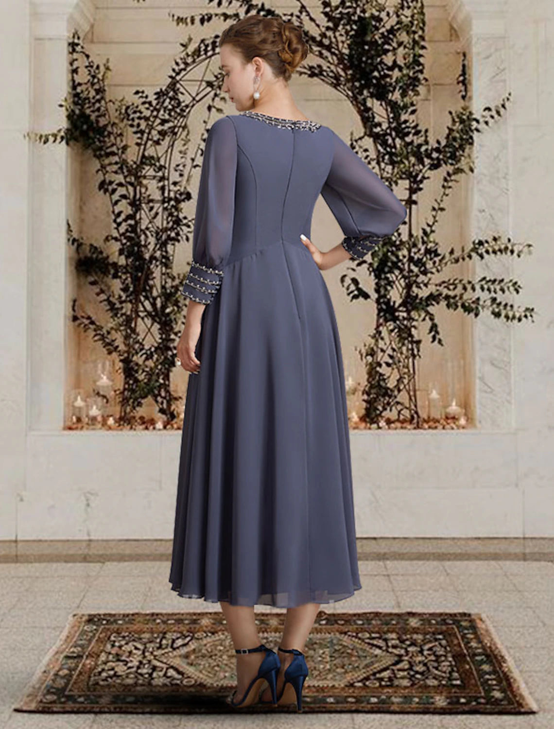 wholesale  A-Line Mother of the Bride Dress Elegant Jewel Neck Tea Length Chiffon Long Sleeve with Beading