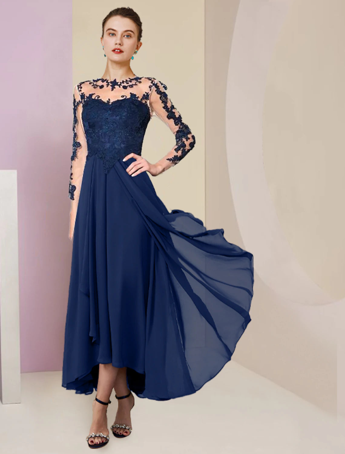 wholesale  A-Line Mother of the Bride Dress Formal Wedding Guest Elegant High Low Scoop Neck Asymmetrical Tea Length Chiffon Lace 3/4 Length Sleeve with Pleats Appliques