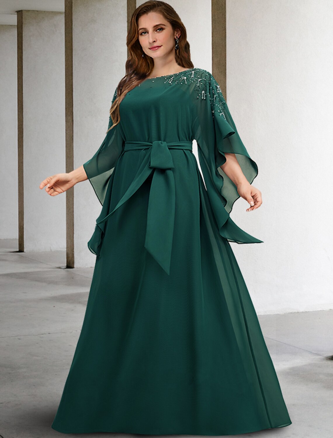 wholesale  A-Line Mother of the Bride Dresses Plus Size Hide Belly Curve Elegant Dress Formal Floor Length Half Sleeve Jewel Neck Chiffon with Beading Strappy