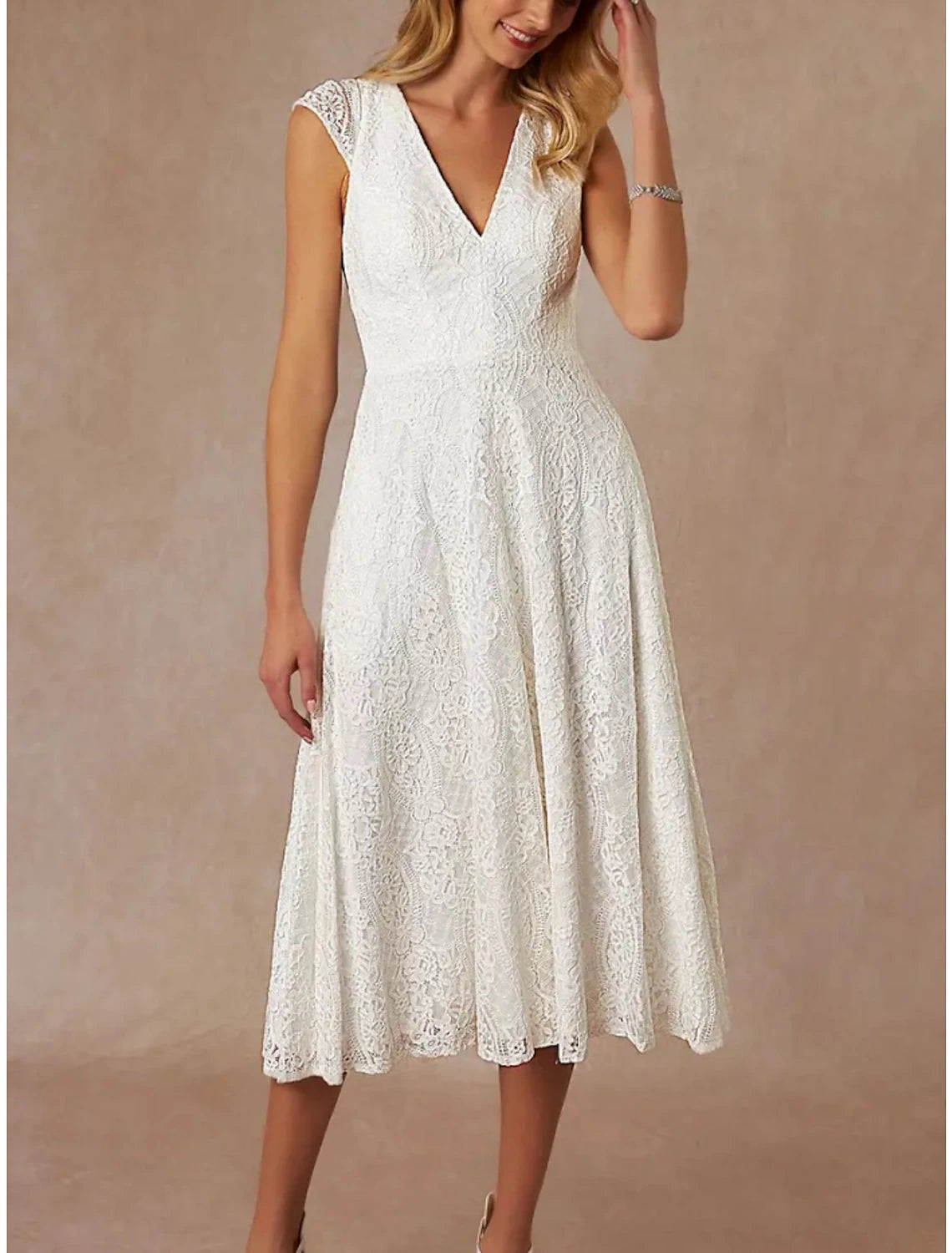 Wholesa Open Back Little White Dresses Wedding Dresses A-Line V Neck Cap Sleeve Tea Length Lace Bridal Gowns With Pleats Solid Color