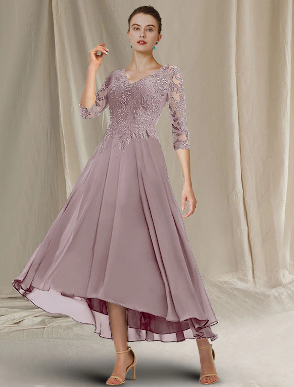 wholesale  A-Line Mother of the Bride Dress Elegant Sparkle & Shine High Low V Neck Asymmetrical Tea Length Chiffon Lace Half Sleeve with Sequin Ruffles Appliques