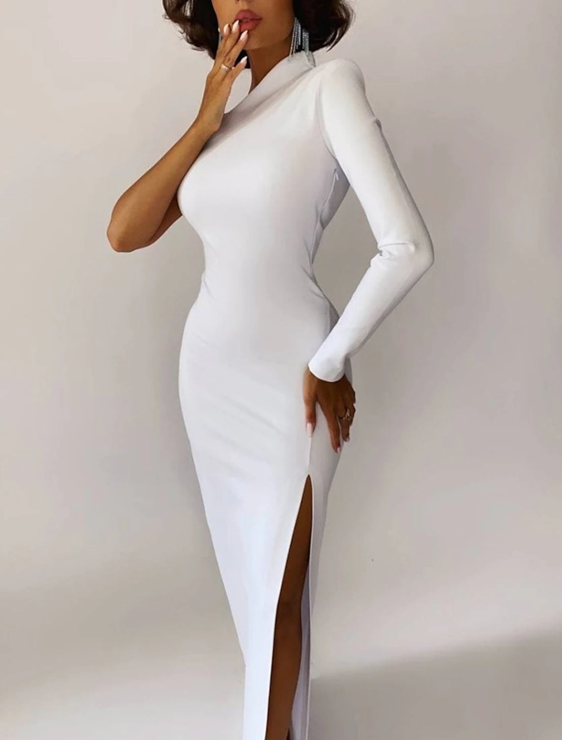 wholesale  Mermaid / Trumpet Evening Gown Minimalist Dress Formal Evening Sweep / Brush Train Long Sleeve One Shoulder Fall Wedding Guest Stretch Fabric with Slit Pure Color