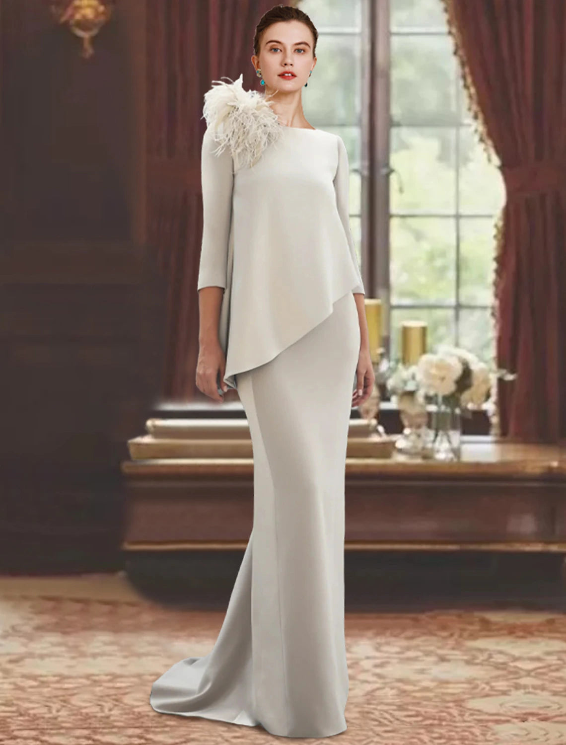 wholesale Sheath / Column Mother of the Bride Dress Formal Wedding Guest Elegant Scoop Neck Sweep / Brush Train Stretch Fabric 3/4 Length Sleeve with Feather