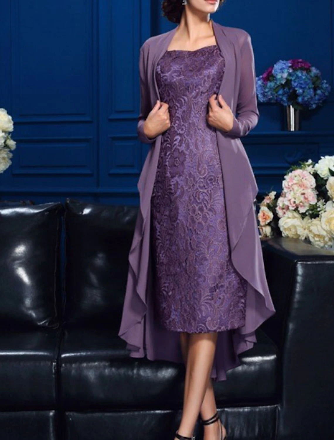Wholesa Two Piece Sheath / Column Mother of the Bride Dress Church Elegant Jewel Neck Knee Length Chiffon Lace Long Sleeve Jacket Dresses with Appliques