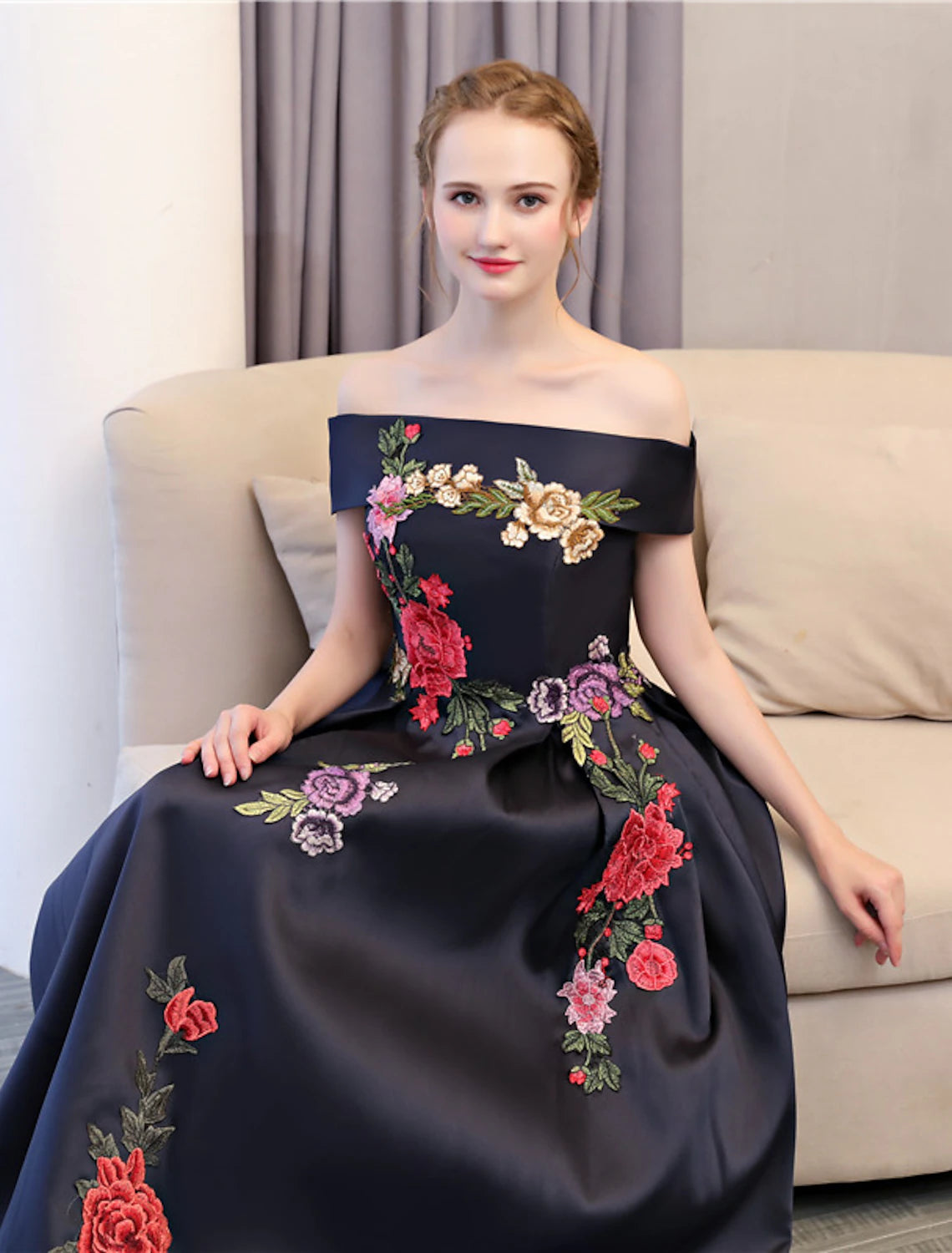 Wholesa A-Line Floral Dress Wedding Guest Formal Evening Floor Length Sleeveless Off Shoulder Satin with Embroidery Appliques
