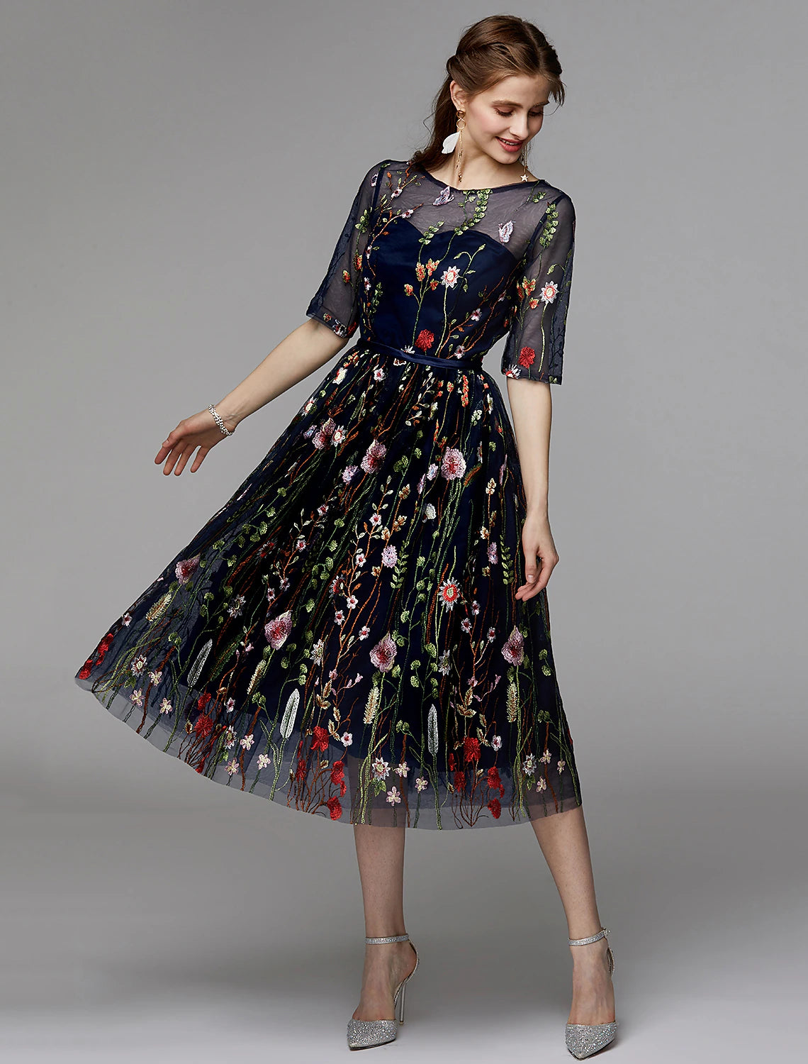 wholesale  A-Line Party Dress Holiday Wedding Guest Tea Length Half Sleeve Illusion Neck Fall Wedding Guest Organza with Embroidery Appliques